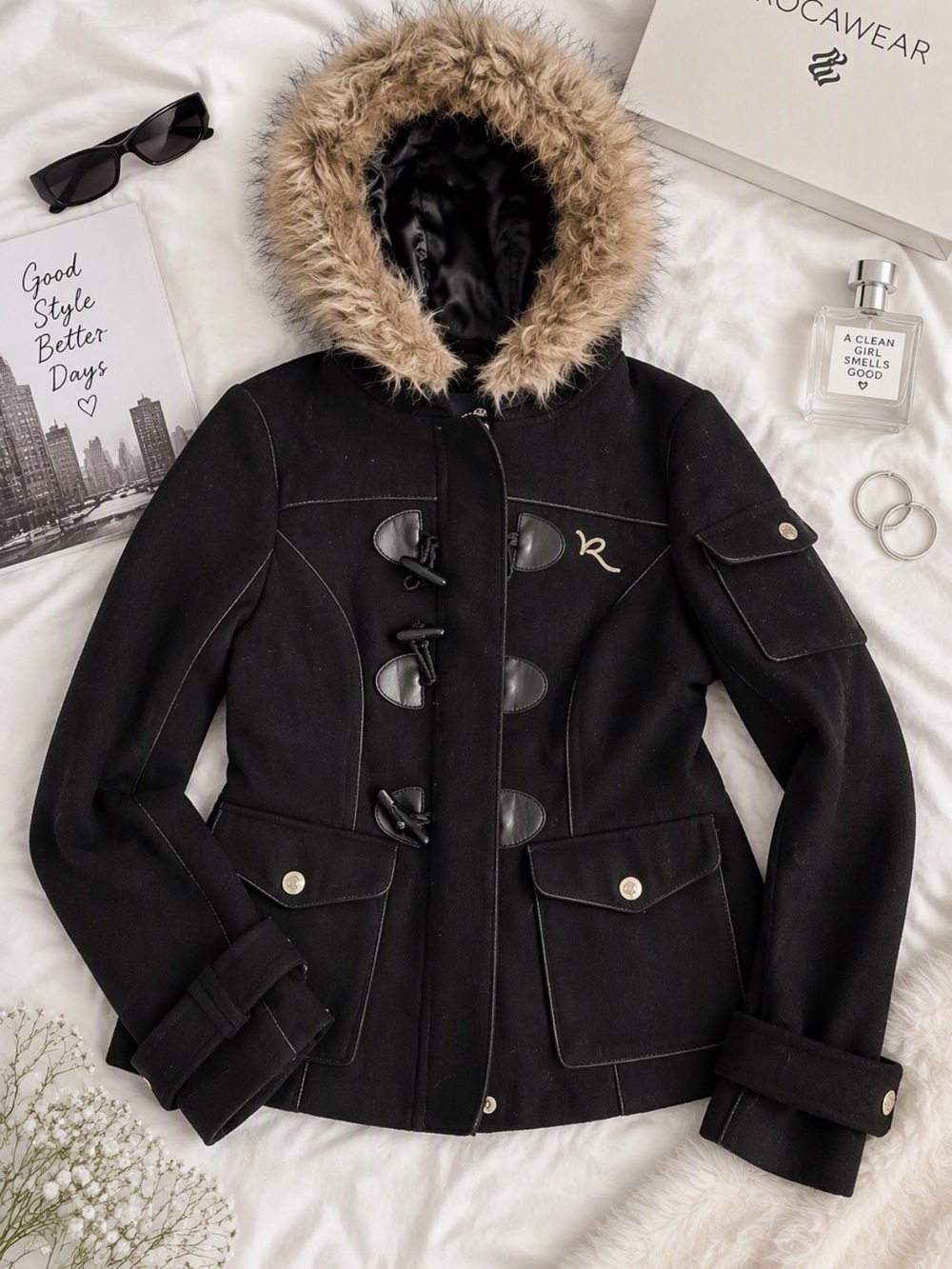 Rocawear Black Hooded Toggle Pea Coat with Faux Fur Trim